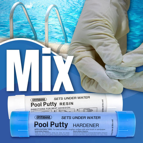 Pool Putty 2 Part Set For Easy DIY Pool And Spa Repairs Underwater Or Above Surface Leaks, shows resin and hardener tubes with pool