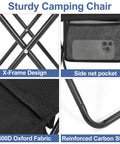 Ultralight Folding Camp Stool With Side Pocket And Carry Bag, featuring X-frame design and 600D Oxford fabric close-up view.