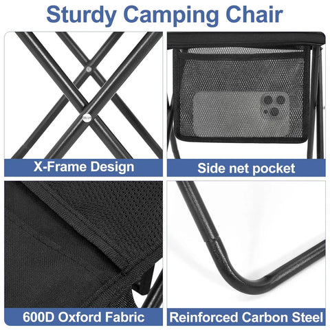 Ultralight Folding Camp Stool With Side Pocket And Carry Bag, featuring X-frame design and 600D Oxford fabric close-up view.