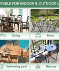 Versatile furniture settings showing dining table, patio setup, poolside arrangement, and balcony seating for indoor and outdoor use.