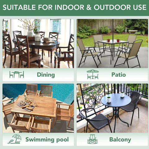 Versatile furniture settings showing dining table, patio setup, poolside arrangement, and balcony seating for indoor and outdoor use.