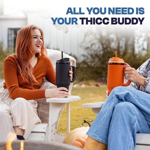 Two friends enjoying drinks from Heavy Duty 50oz Tumblers With Double Wall Insulation Keeps Drinks Ice Cold Or Piping Hot All Day Long.