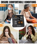 Indoor Outdoor Thermometer and Hygrometer Wireless Weather Station With 5-Inch VA Display showing temperature and humidity in a living room setting with people managing conditions like headaches and allergies.