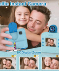 Instant Print Camera For Kids 3 To 12 Blue Inkless Selfie Toy With Printing Paper And 5 Colored Pens Great For DIY Photo Crafts Scrapbooks And Kid Friendly Gift, front view