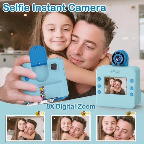 Instant Print Camera For Kids 3 To 12 Blue Inkless Selfie Toy With Printing Paper And 5 Colored Pens Great For DIY Photo Crafts Scrapbooks And Kid Friendly Gift, front view