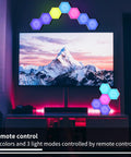 Hexagon LED Wall Panels With Remote And Touch Control, 13 Color RGB Hex Lights Kit above TV in modern living room.