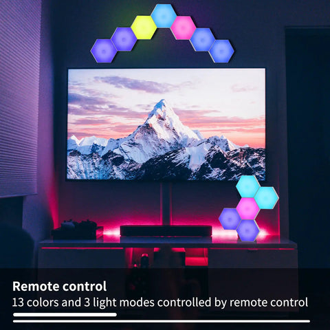 Hexagon LED Wall Panels With Remote And Touch Control, 13 Color RGB Hex Lights Kit above TV in modern living room.
