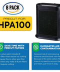 8 pack of HPA100 replacement filters with purifier, includes pre-cut HEPA and carbon filters, keeps air fresh and odor free