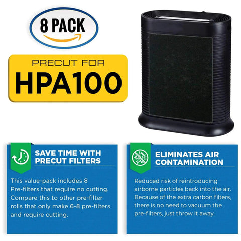 8 pack of HPA100 replacement filters with purifier, includes pre-cut HEPA and carbon filters, keeps air fresh and odor free