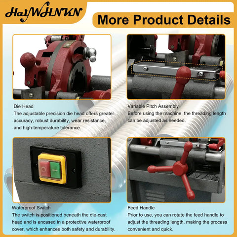 Kickass 110V Electric Pipe Threader Machine Cranks Out 1/2 To 2 Inch Npt Steel Copper Pipelines With Speedy Cutting Trimming Dies showing die head and waterproof switch.