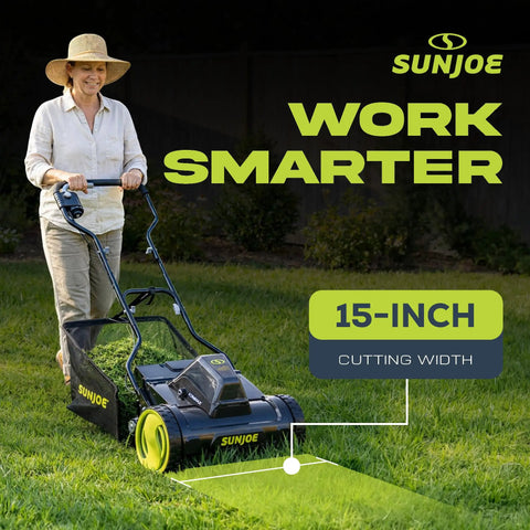 Cordless 24V Push Reel Lawn Mower With 360W Motor, 15 Inch Deck, Five Blade Razoreel System, 11.9 Gallon Grass Collection Bag, Quick Charge 4.0Ah Battery For Fast Power Up And Smooth Yard Cleanup. 15-inch cutting width