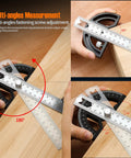 Heavy Duty 8 Inch Protractor Angle Finder Carpenter Square Adjustable Aluminum Gauge With 0 To 180 Degree Swing Arm measuring angles on wood.
