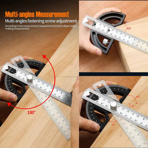 Heavy Duty 8 Inch Protractor Angle Finder Carpenter Square Adjustable Aluminum Gauge With 0 To 180 Degree Swing Arm measuring angles on wood.