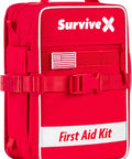 SurviveX Large red first aid kit for car, travel and home, front view with American flag patch