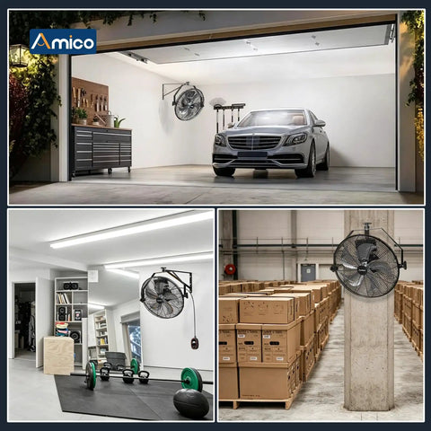 18 Inch Wall Mount Fan With Remote Workhorse 9 Speed High Velocity Brushless DC Motor Delivers 4000 CFM installed in a garage, gym, and warehouse