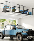 Overhead Garage Storage Rack 72 Inch Long By 36 Inch Wide By 40 Inch High Adjustable Ceiling Mount Heavy Duty Black Shelf Holds Up To 450 Pounds Double Tested Up To 900 Lbs Classic Series installed with items stored