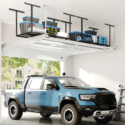 Overhead Garage Storage Rack 72 Inch Long By 36 Inch Wide By 40 Inch High Adjustable Ceiling Mount Heavy Duty Black Shelf Holds Up To 450 Pounds Double Tested Up To 900 Lbs Classic Series installed with items stored