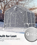 10x12 Foot Backyard Outdoor Storage Shed and Portable Workshop Shelter With Roll Up Mesh Windows Heavy Duty Garage For Riding Mower And Garden Equipment Waterproof Tent With Reinforced Frame Silver Gray in snowy backyard