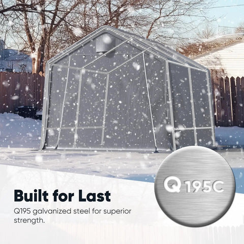 10x12 Foot Backyard Outdoor Storage Shed and Portable Workshop Shelter With Roll Up Mesh Windows Heavy Duty Garage For Riding Mower And Garden Equipment Waterproof Tent With Reinforced Frame Silver Gray in snowy backyard