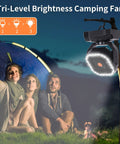 Scene with Beast 20000mAh Portable Camping Fan with Remote Control hanging above campers near tent.