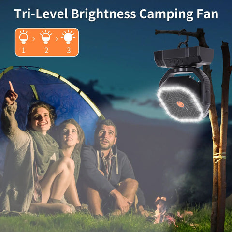 Scene with Beast 20000mAh Portable Camping Fan with Remote Control hanging above campers near tent.