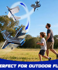 Man and child flying remote control airplane for beginners and kids eight to twelve and adults easy to fly outdoor jet glider.