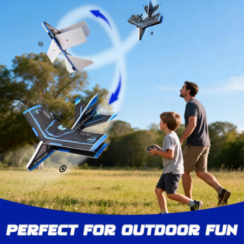 Man and child flying remote control airplane for beginners and kids eight to twelve and adults easy to fly outdoor jet glider.