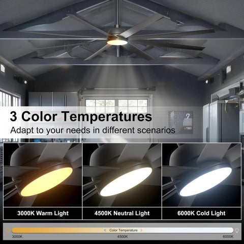 84 Inch Ceiling Fan With Lights Remote And App Control Black Beefy Industrial DC Motor in garage showcasing dimmable color temperature options