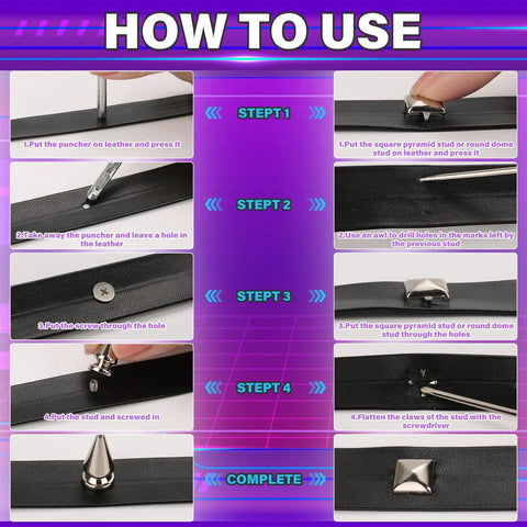 Steps for using 455 Piece Punk Studs Kit For Clothing And Accessories With Metal Spikes And Leather Rivets DIY Punk Style Decoration