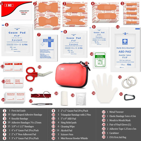 I GO red hard-shell mini first aid kit, 85-piece set, front view for travel and camping.