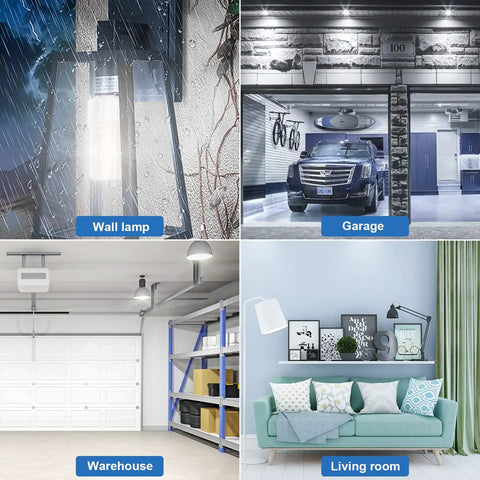 Two Pack 30W LED Corn Light Bulbs, 3750 Lumen, 5000K Cool Daylight, Waterproof Outdoor Indoor use in various settings like garage and living room.
