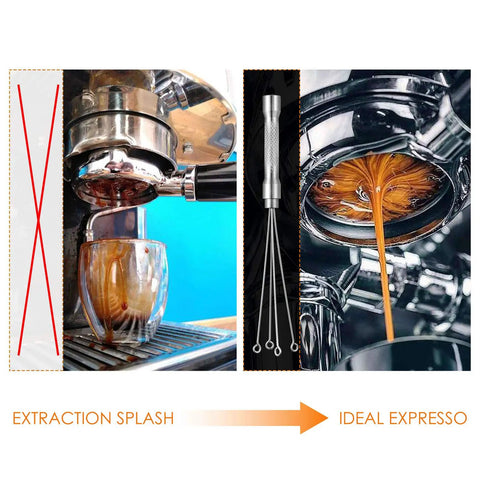 Espresso Coffee Stirrer Stainless Steel Mini Whisk for espresso stirring, highlighting splash vs ideal extraction with whisk tool.