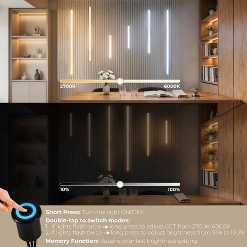 FTL CCT LED Recessed Lighting Kit, Wood Slat Wall Panel Lights 2700K-6000K shown with adjustable brightness and color settings.