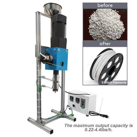 Heavy Duty Filament Extruder For 3D Makers That Cranks Out Legit 0.6 Inch Tube with before and after plastic transformation.