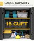 Interior view of Weatherproof Outdoor Storage Cabinet With Locking Door For Patio Tools And Lawn Gear, showing shelves and tools.