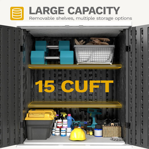 Interior view of Weatherproof Outdoor Storage Cabinet With Locking Door For Patio Tools And Lawn Gear, showing shelves and tools.