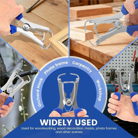 24Pcs Heavy Duty Miter Spring Clamp and Plier Kit For Woodworking Pros Steel Tools With Storage Ring Perfect For Picture Frame Molding Projects, steel clamp set in use on wood frame joints