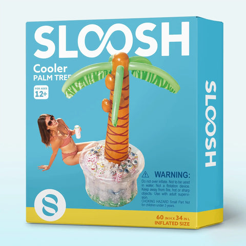 Packaging of 60 inch Inflatable Palm Tree Cooler for beach theme parties, features durable PVC construction ideal for luau birthday supplies.