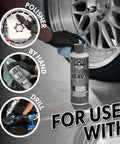 Bottle of Heavy Metal Polish Restorer and Protectant in front of car wheel, for use with polisher, hand, or drill