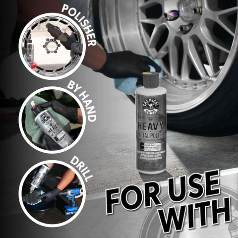 Bottle of Heavy Metal Polish Restorer and Protectant in front of car wheel, for use with polisher, hand, or drill