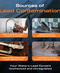 Image depicting sources of lead contamination from plumbing, fixtures, pipes, and water heaters related to lead water test kit.