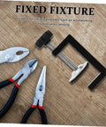 Fixed fixture clamp next to pliers on a wooden surface