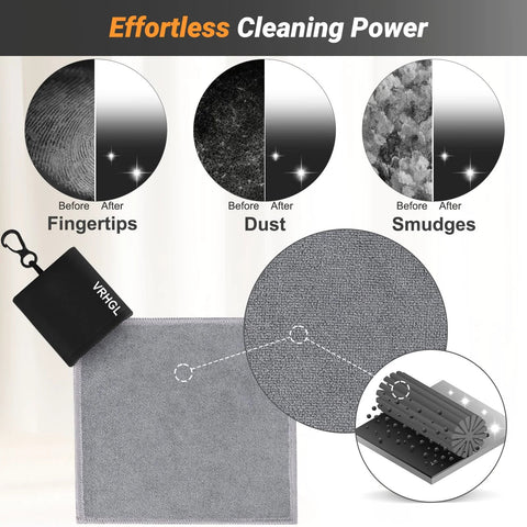 Two-sided microfiber glasses cleaning cloths with a small black keychain pouch; 4x6 inches, mix colors.