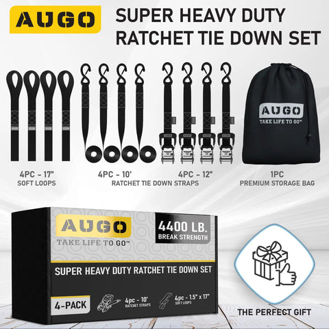 Heavy Duty Ratchet Straps With Soft Loop Tie Downs One And A Half Inch By Ten Foot Four Pack Extra Strong Four Thousand Four Hundred Pound Break Strength S Hook Latches Ergonomic Handles Ideal For Motorcycles ATVs Trailers product set with storage bag and packaging
