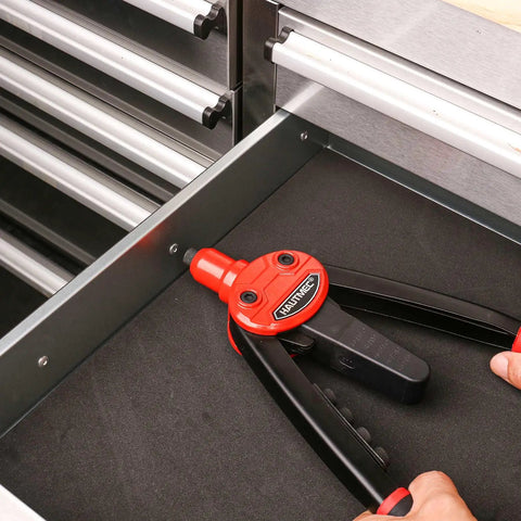 Heavy Duty Pop Rivet Gun 13 Inch Pro Hand Riveter With Automatic Rebound Spring in toolbox drawer, ready for DIY projects.