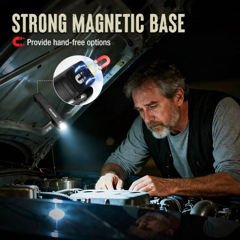 Man using Rechargeable Flat LED Flashlight 1200LM Slim Pocket Work Light with magnetic base and clip under car hood at night.