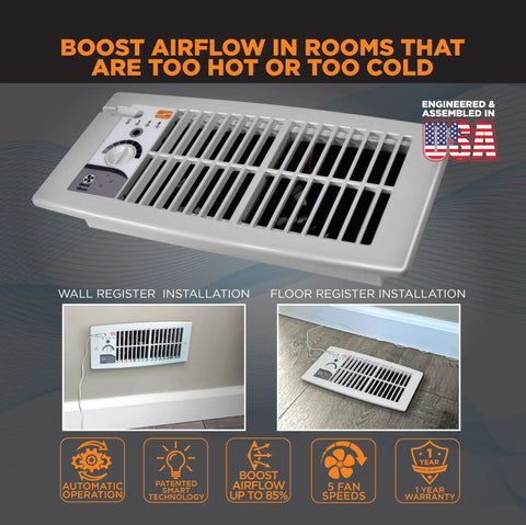 Ultra Quiet Floor And Wall Register Booster Fan With Five Speeds And Smart Tech Delivers Big Time Airflow Boost Up To 132 CFM installed on floor and wall