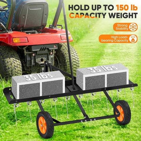 48 Inch Tow Behind Dethatcher With 20 Spring Steel Tines And Two Independent Rows Of Flexing Tines For Fast Yard Grooming, Lawn Sweeper And Garden Aerator Attachment For Riding Mowers, Adjustable Hitch attached to a lawn tractor with weights demonstrating capacity.