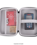 USA Gear Laser Measurement Tool Hard Case - Laser Tape Measure Case with Water Resistant Exterior & Wrist Strap - Compatible with Bosch GLM20 Blaze, DTAPE DT50, Leica DISTO D2, and more (Black) - Open case with Bosch laser tape measure and accessories.
