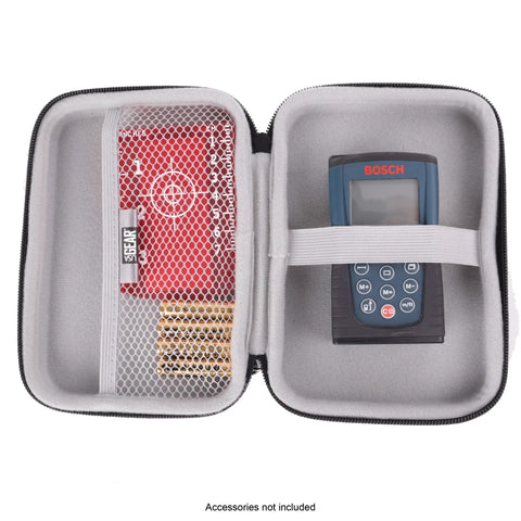 USA Gear Laser Measurement Tool Hard Case - Laser Tape Measure Case with Water Resistant Exterior & Wrist Strap - Compatible with Bosch GLM20 Blaze, DTAPE DT50, Leica DISTO D2, and more (Black) - Open case with Bosch laser tape measure and accessories.